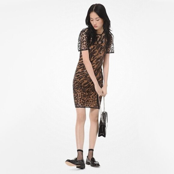 NWT MICHAEL Michael Kors black sequin & crystal leopard print mesh t-shirt dress - Picture 1 of 7